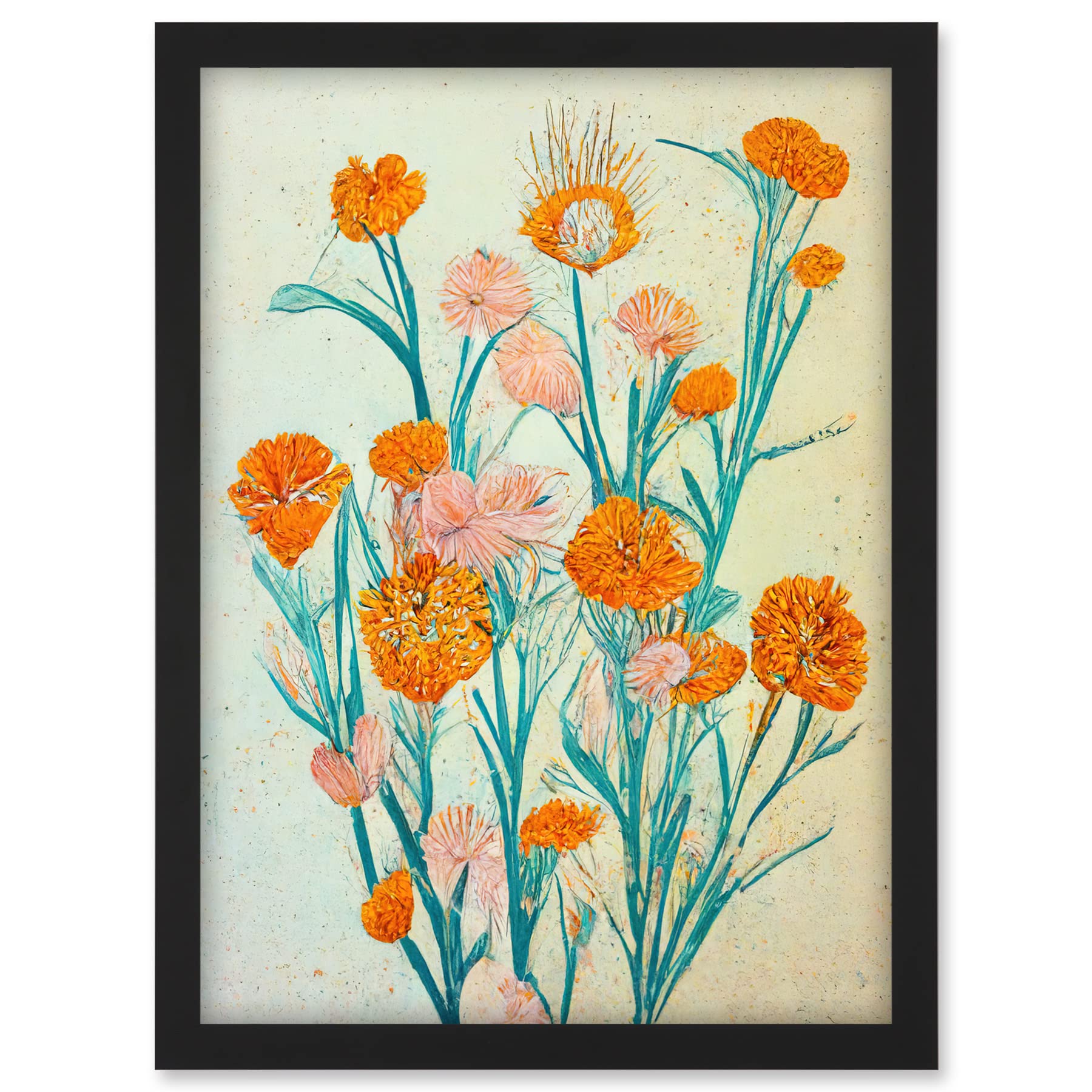 Boho Marigold Flowers Teal Orange Painting Artwork Framed A3 Wall Art Print