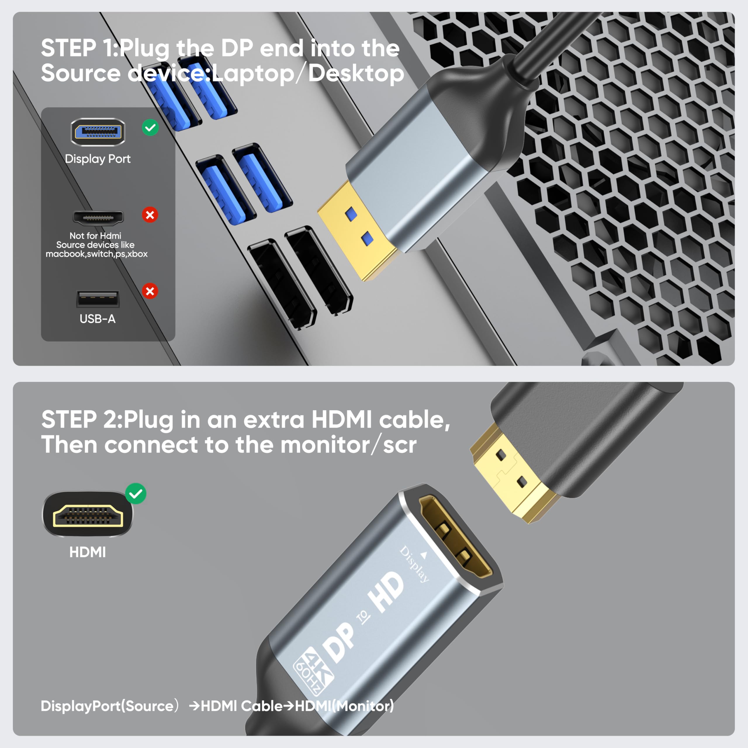 Adapter DisplayPort na HDMI 4K, 2 sztuki, jednokierunkowy adapter DP 1.2 na HDMI, konwerter portu wyświetlacza (źródło) na HDMI (ekran) do komputera stacjonarnego, monitora HDTV, kompatybilny z AMD