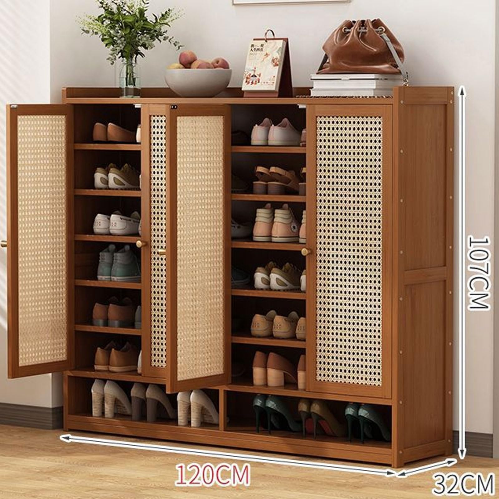 Scarpiera in legno, design moderno in rattan, stile boho, sottile, alta e stretta