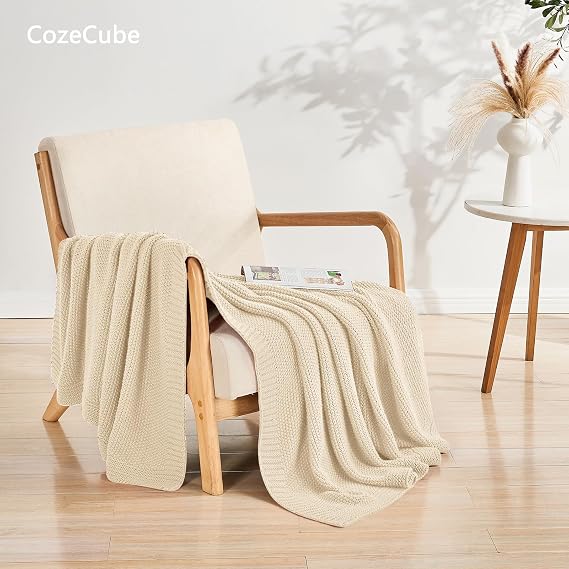 CozeCube Light Beige Seed Stitch Throw Blanket 50x60, Farmhouse Decor