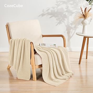 CozeCube Light Beige Seed Stitch Throw Blanket 50x60, Farmhouse Decor