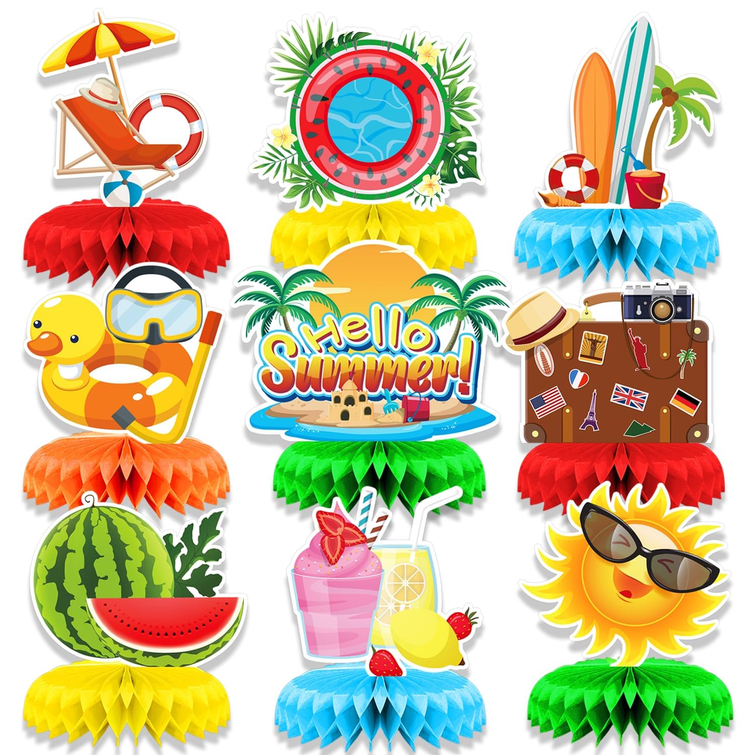 Excefore Summer Party Decorations, 9 Pcs Summer Pool Honeycomb Centerpieces, 3D Double Side Pool Party Decorations, Hello Summer Centerpieces, Summer Beach Honeycomb Centerpiece for Pool Party