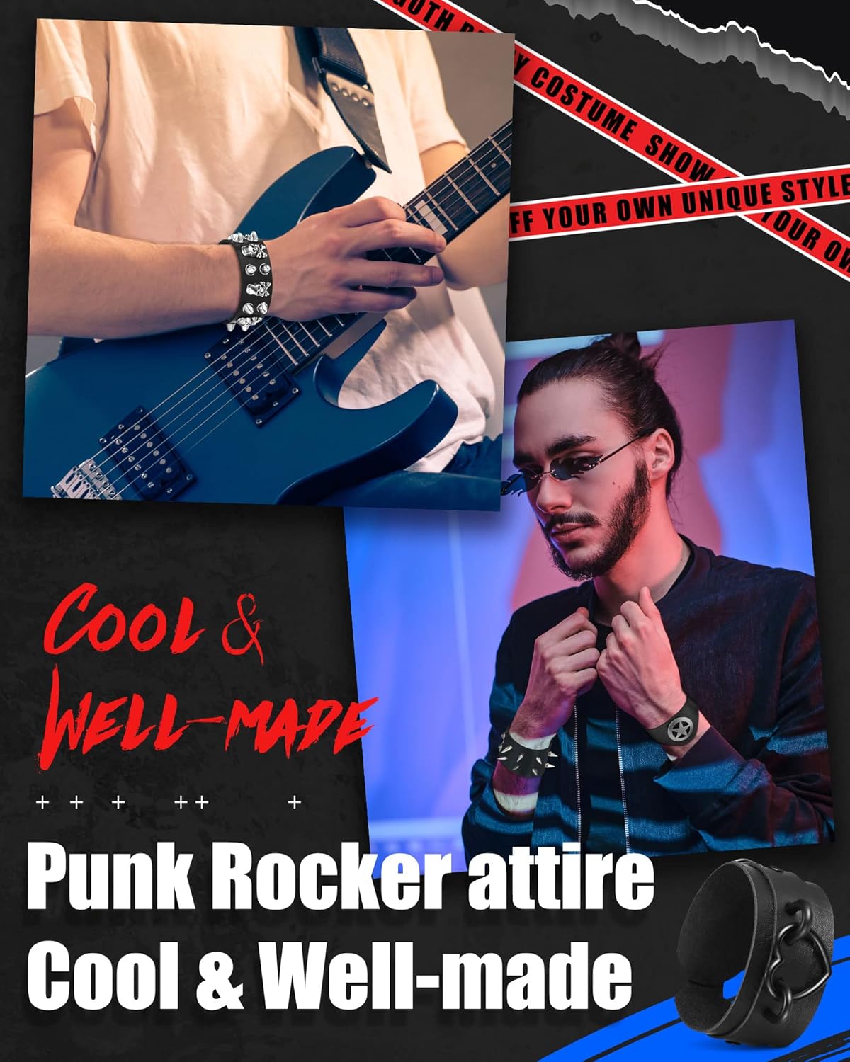 Hicarer 9 Pieces Spiked Studded Bracelet Black Leather Rivet Punk Bracelet Cuff Wrap Bangle Snap Button Metal Wristband for Men Women - Image 4