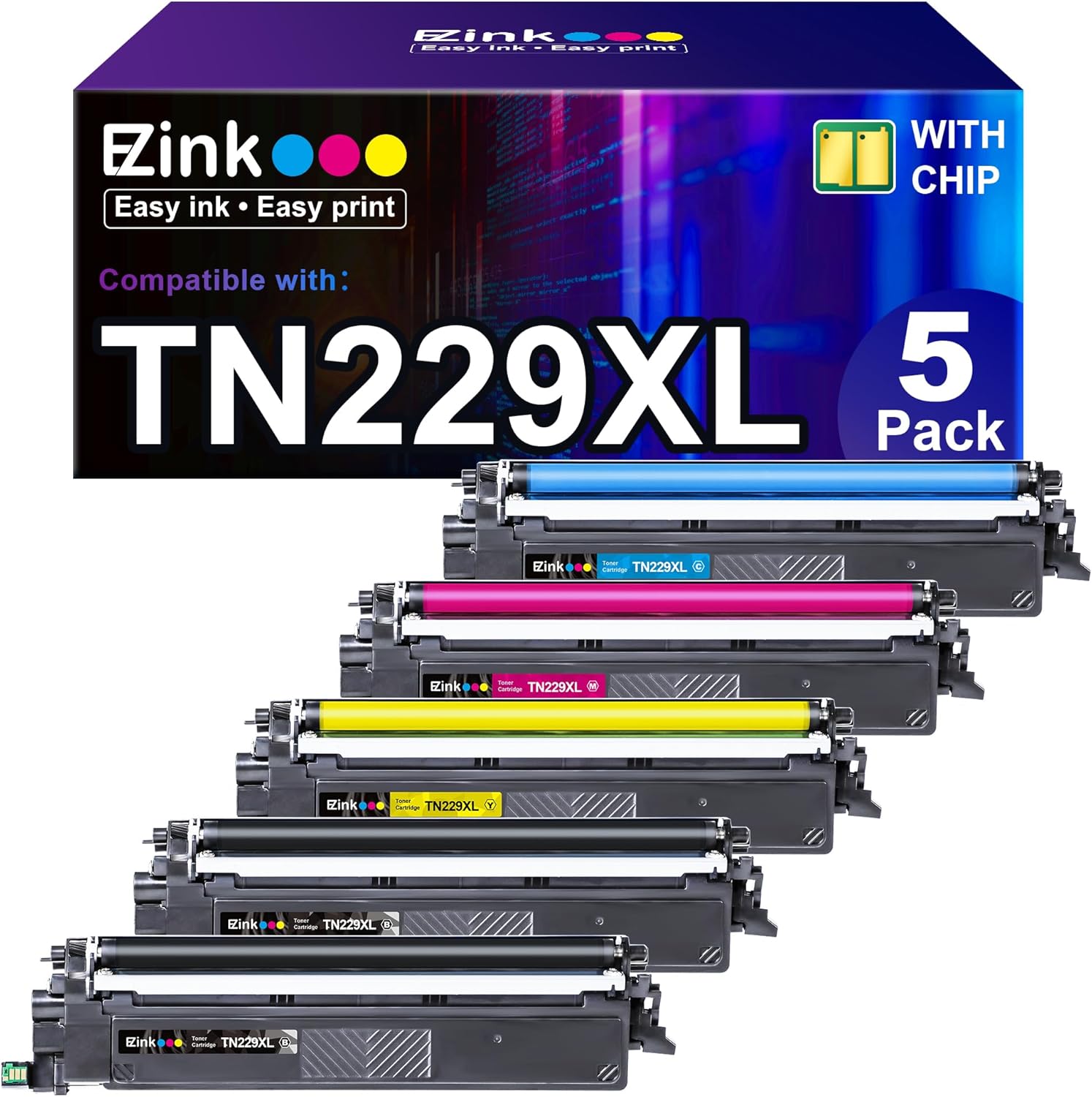 E-Z Ink Compatible TN229XL Toner Cartridges Replacement for Brother TN229XL TN-229XL TN229 XL to use with MFC-L3720CDW MFC-L3780CDW HL-L3220CDW HL-L3280CDW HL-L3300CDW Printer (TN229XLBK/C/M/Y-5 Pack) (TN229XL) Thumbnail