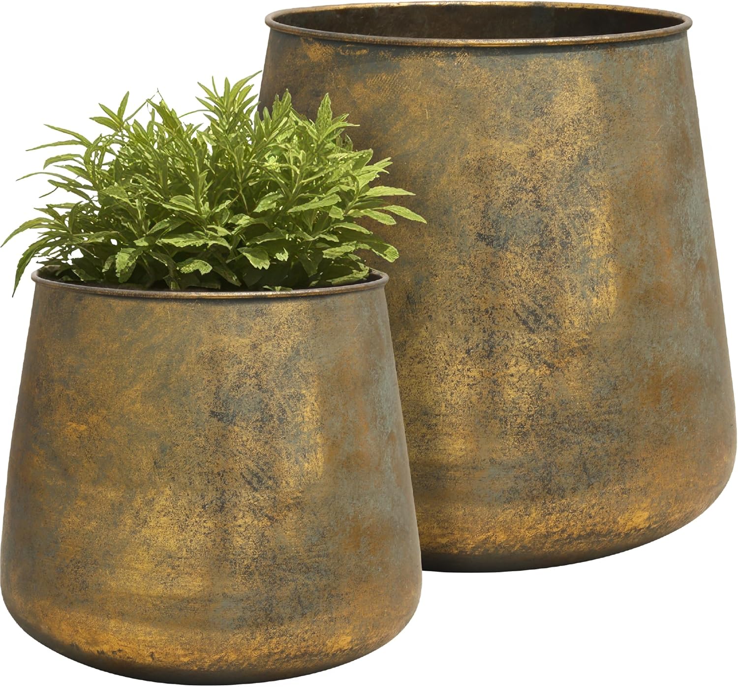 Worth Garden Metal Planters Set of 2, Vintage Gold Round Decorative Containers Flower Pots - Classic Iron Plant Pot for Patio, Front Porch, Indoor Use - Large: 13.5"D x 13.8"H, Small: 9.8"D x 10"H