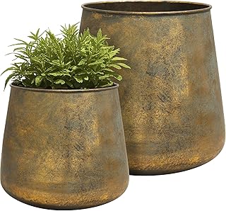 Worth Garden Metal Planters Set of 2, Vintage Gold Round Decorative Cont...