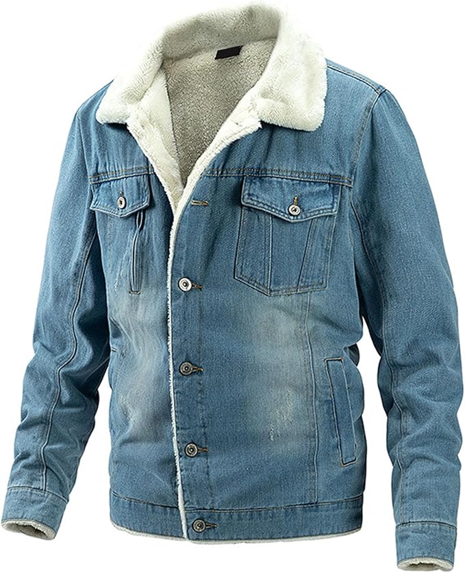 SWJGLITTR Men's Fur Collar Denim Jacket Lined Winter Trucker