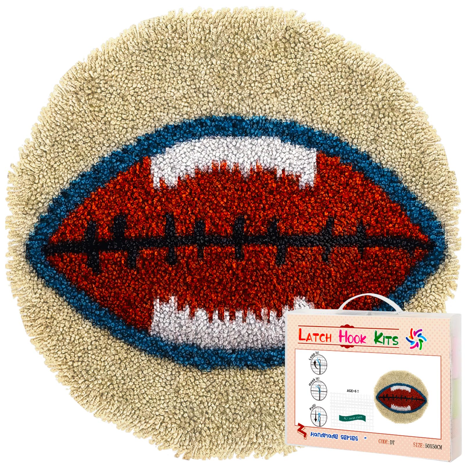 Latch Hook Rug Kit American Football Round Carpet Crochet Yarn Craft DIY Hook and Latch Door Mat Tapestry for Christmas Home Floor Decoration 50x50cm