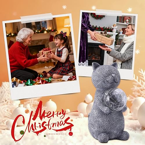 Miniatura 2 de Tiejiajiang Estatua solar de gato para decoración de jardín, regalos para amantes de los gatos, con luces LED solares miradoras, decoración de gato