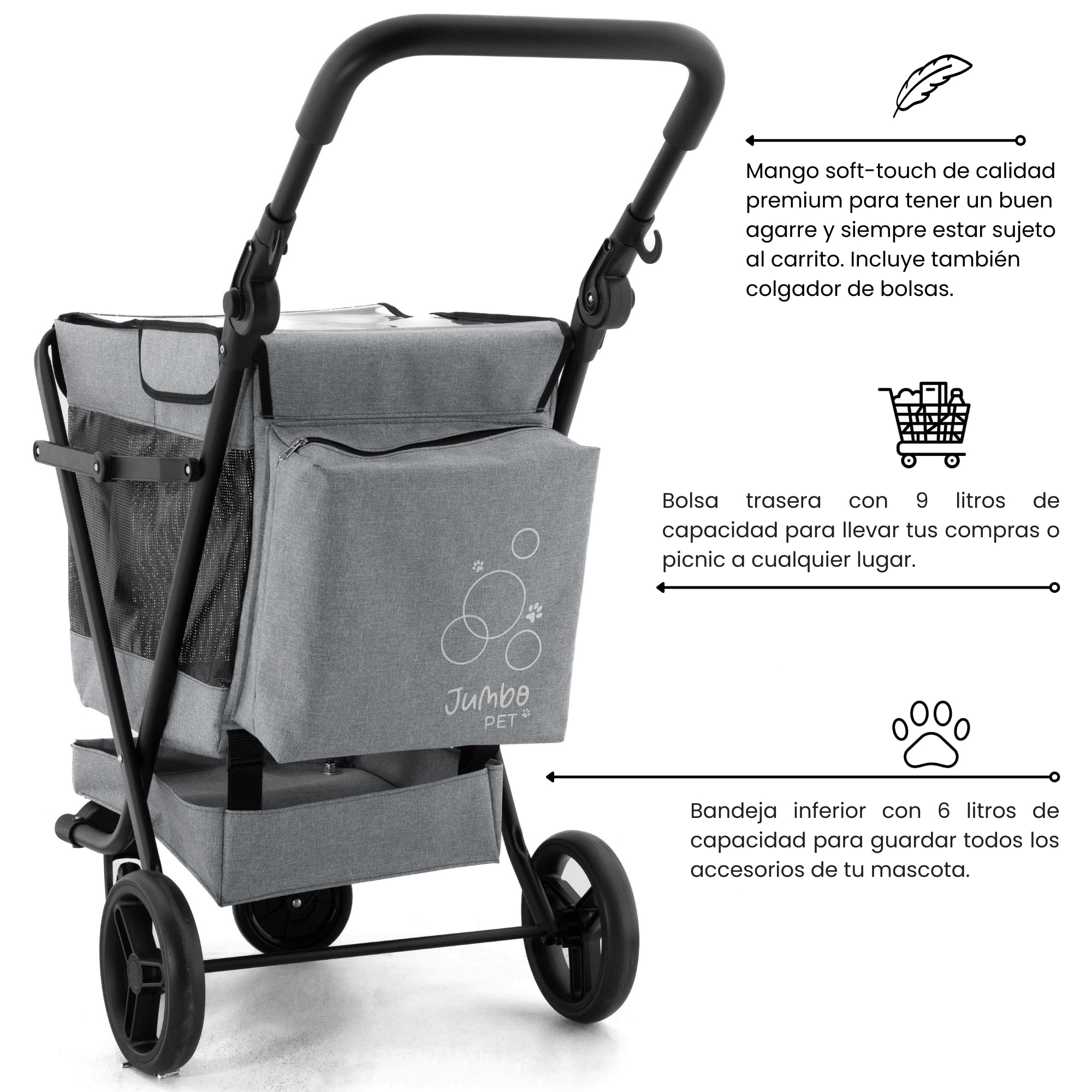 GARMOL Jumbo Pet Carrito para Mascotas Plegable 66L hasta 8kg | 4 Ruedas con 2 Giratorias, Capota Transparente Impermeable, Bolsa 9L y Bandeja 6L | Carro para Perros Pequeños y Medianos (Gris)