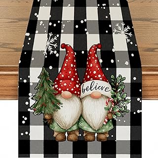 Christmas Table Runner, Plaid Gnome Table Runner Snowflake Christmas Decorations for Xmas Holiday Indoor Outdoor Home Party Decor 13x72 Inches
