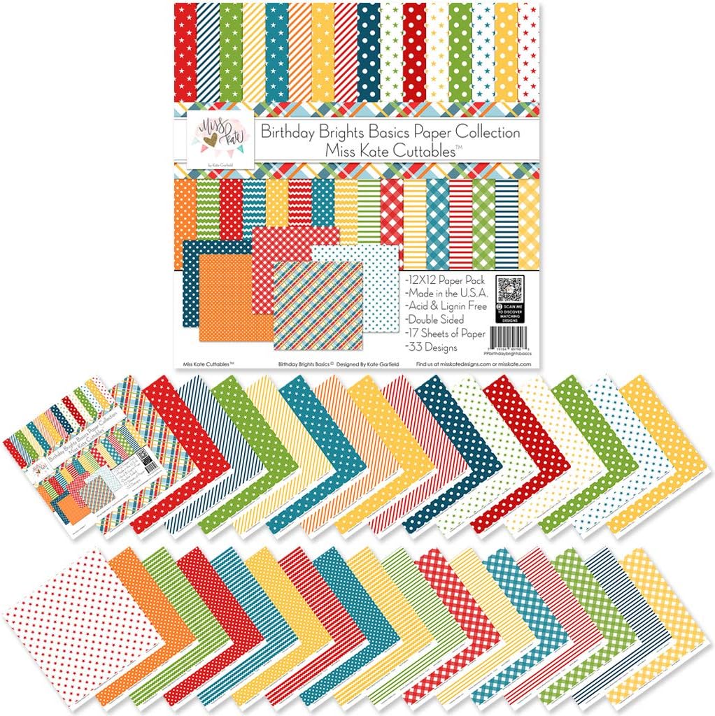 Pattern Paper Pack - Birthday Brights Basics - for Party - 17 Double-Sided 12"x12" Collection Includes 34 Patterns - Scrapbooking Card Making Crafting - by Miss Kate Cuttables