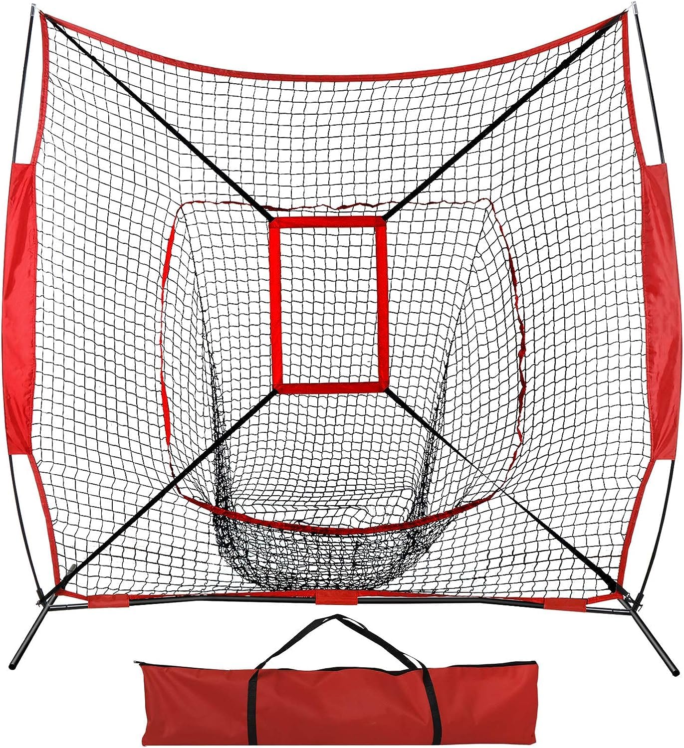 7' x 7' Baseball Softball Practice Net Batting Catch Pitching Training Net w/Carrying Bag Bow Frame Baseball Equipment Training Aids for All Skill