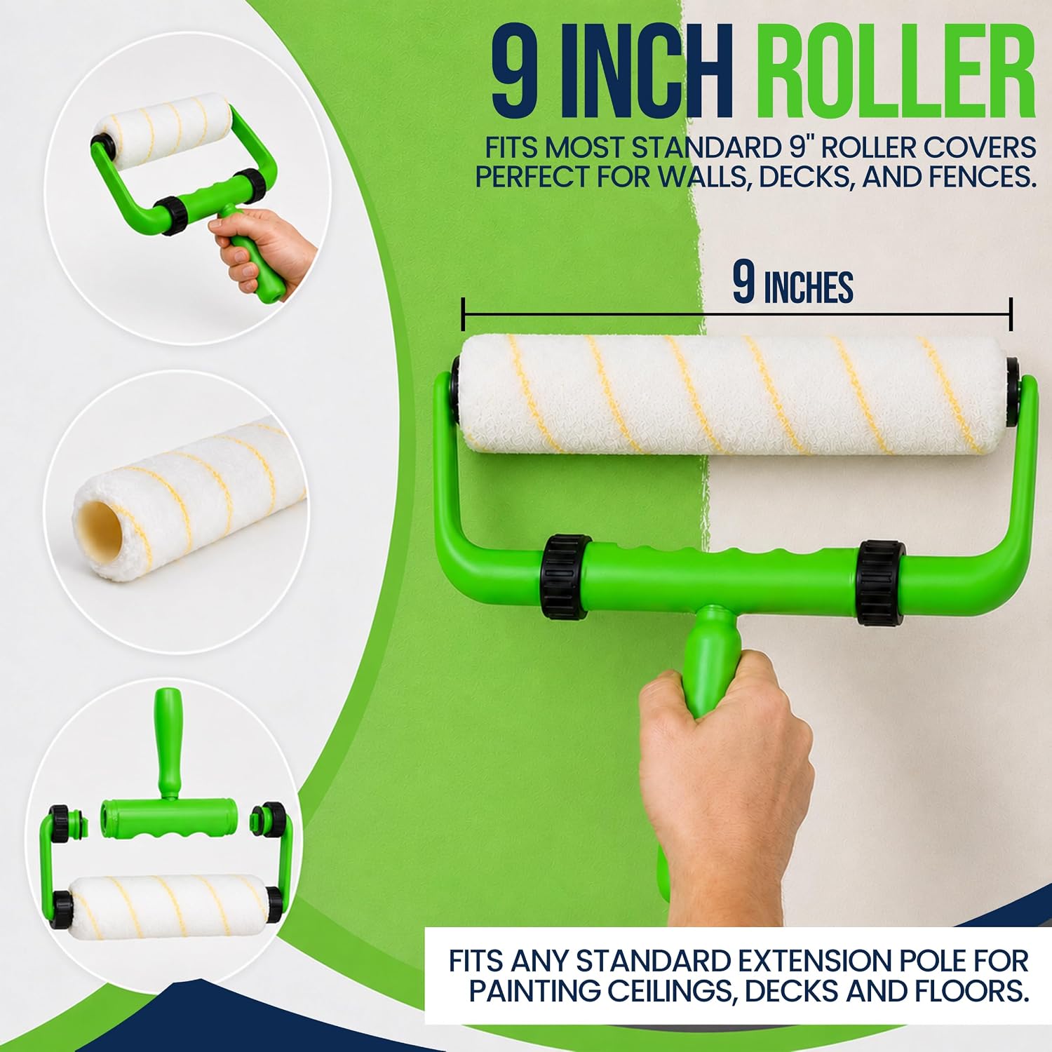 Paint Roller Kit 9 Inch with Extension Handle, Ergonomic Wall Paint Roller Frame Set, Comfortable Grip for Painting Walls, Ceilings & Fences, fits any size nap standard roller cover