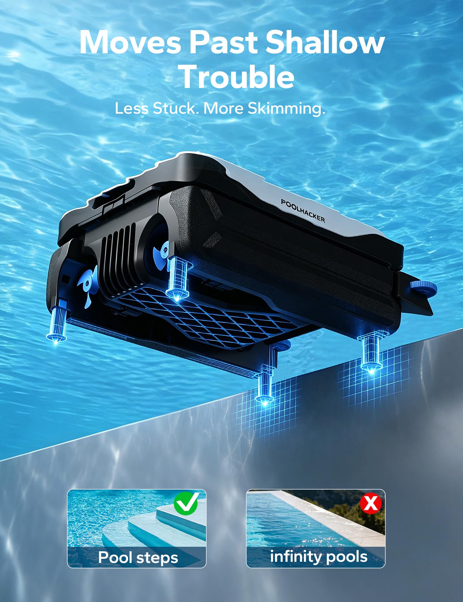 POOLHACKER Robot d'écumoire solaire de piscine, nettoyage continu 24h/24, 7j/7, double modes de charge, évitement intelligent des obstacles, panier extra large de 9 L, filtre à maille fine de 150 μm