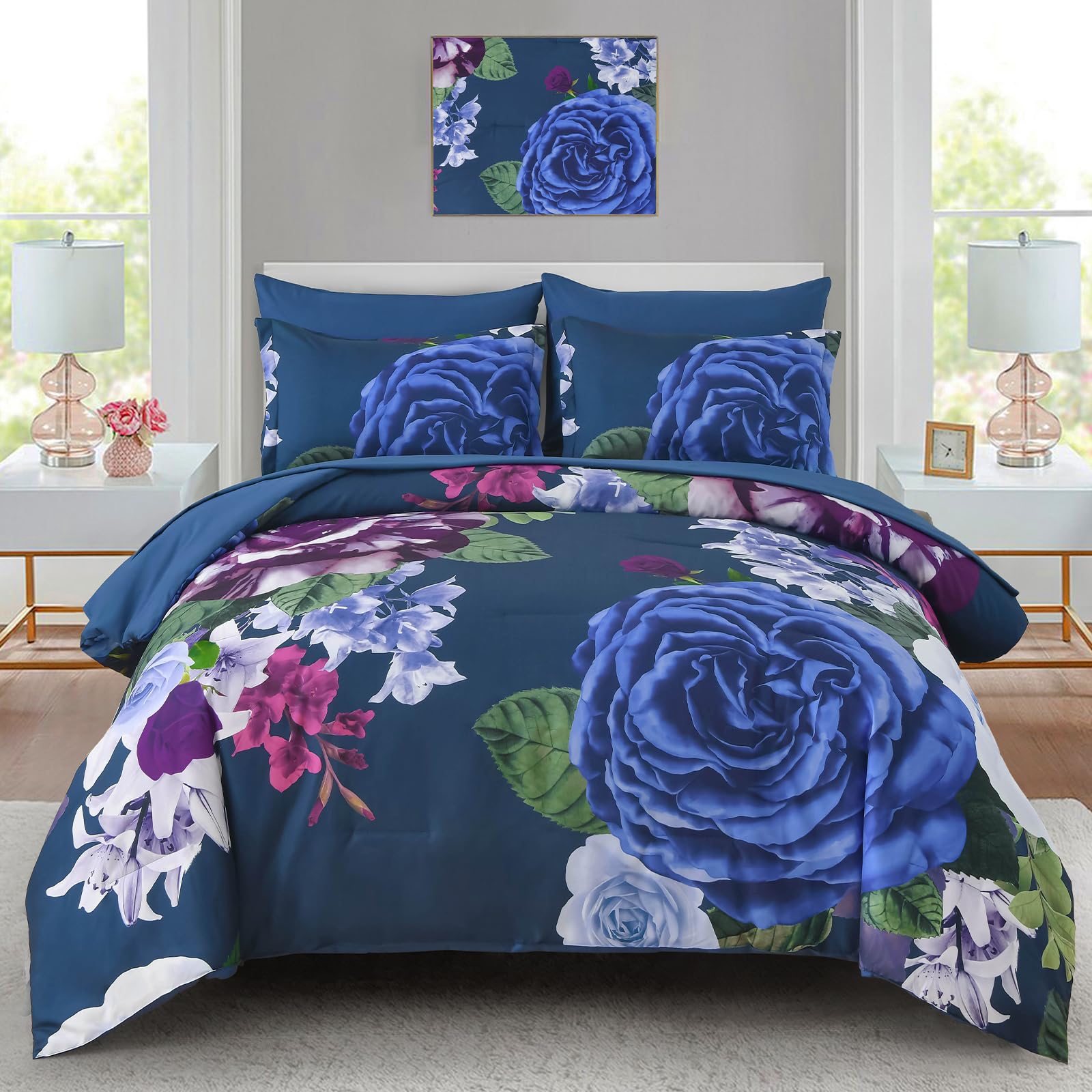 Drucon Blue Floral Comforter Set King, 7 Pieces Bed in a Bag Botanical Floral Comforter Soft Microfiber Dark Blue Bedding Set King Size Bed with Sheet