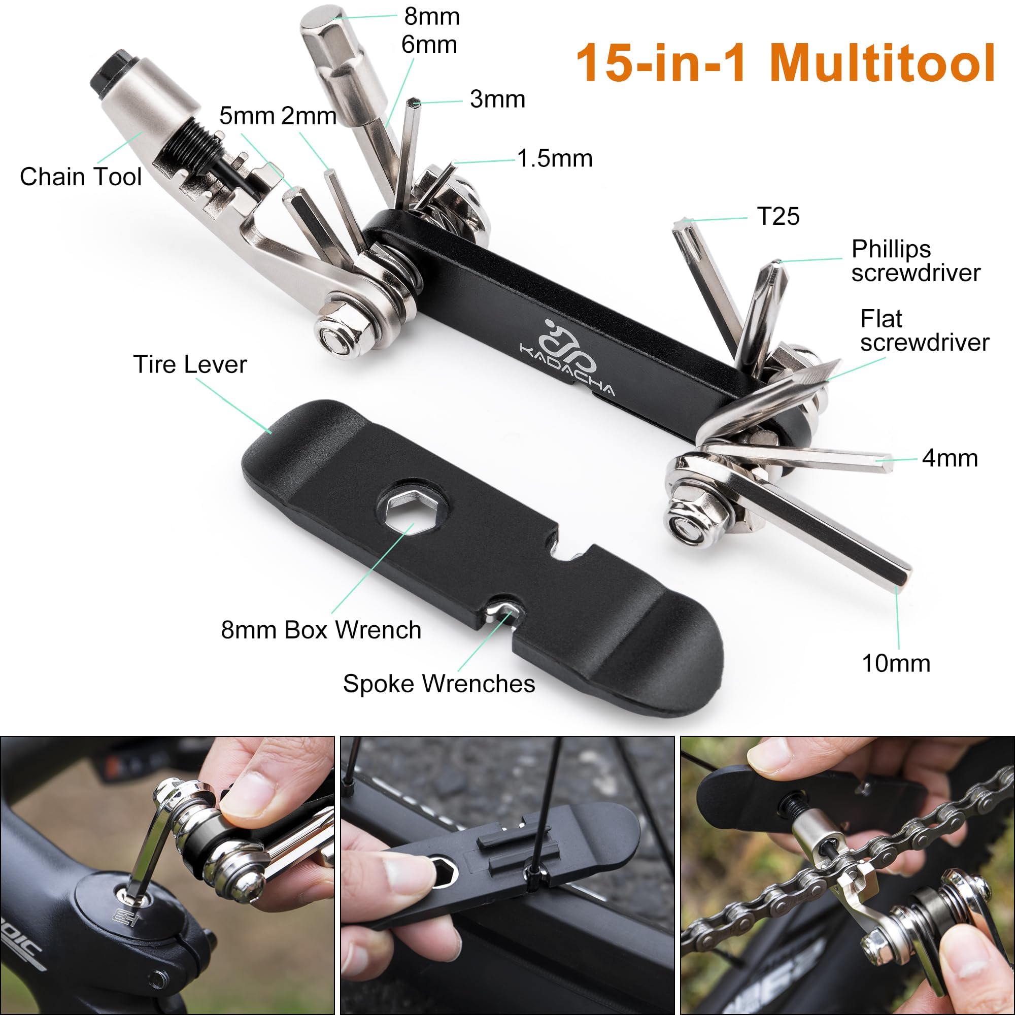 GEWAGE Kit de Herramientas Bici, Bolsa Cuadro, Bomba y Multitool 15 en 1