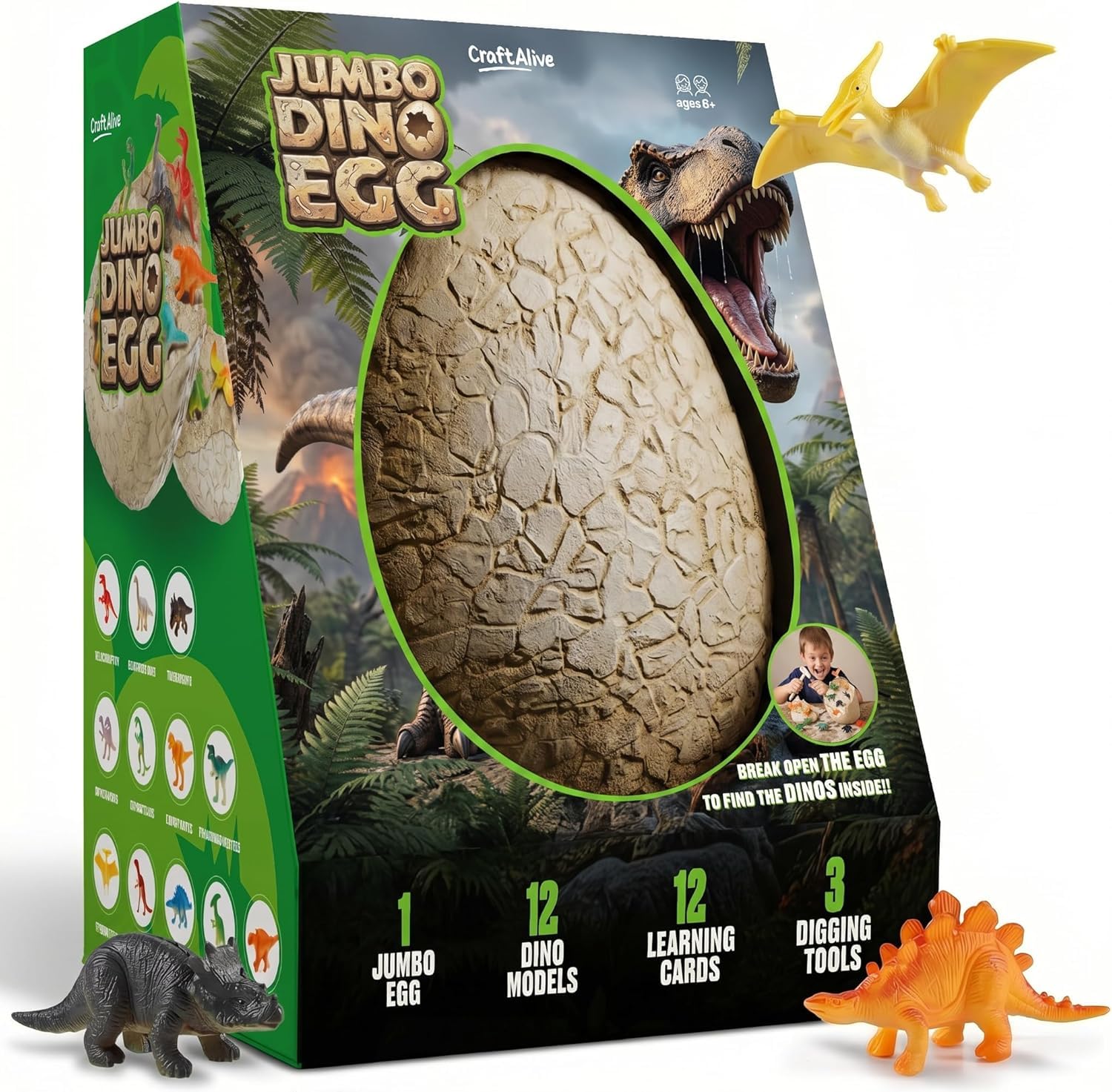 CraftAlive Jumbo Dino Egg Dig Kit – Discover 12 Large Dinosaur Toys, Excavation Kit for Kids, STEM Learning Gift with Tools & Cards (Ages 6+)