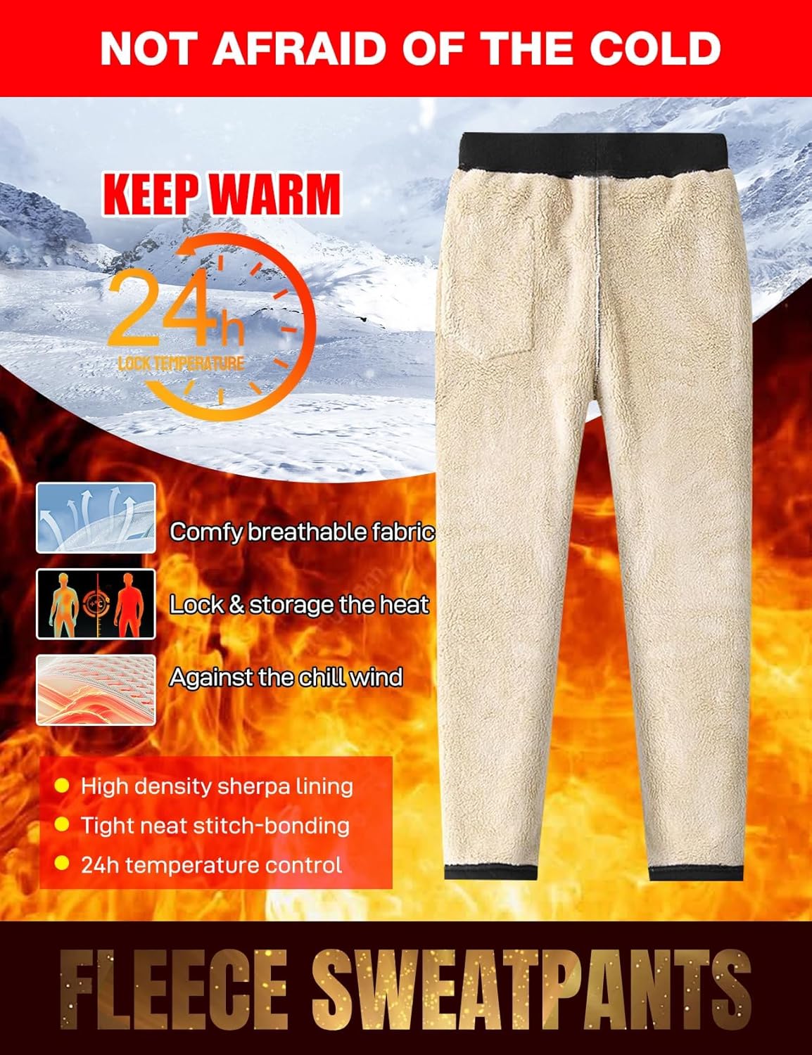 Flygo Men's Fleece Pants Winter Warm Joggers Pants Active Sherpa Lined Sweatpants - Image 3