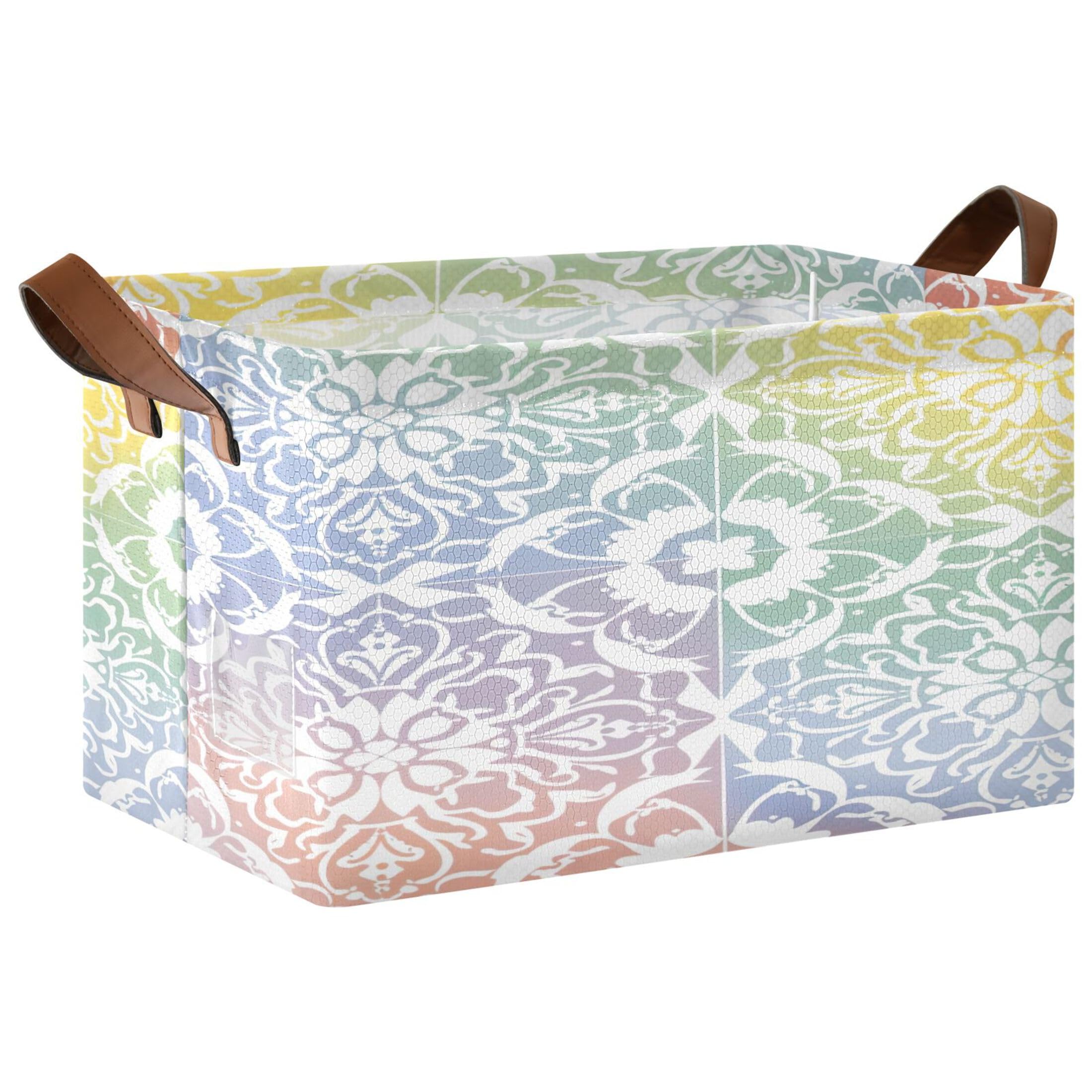 Kutsu Foldable Storage Basket Mandala Collapsible Storage Bin with Handles for Shelves, Rectangle Basket for Home Nursery Decor, 16.9x11.4x10 in