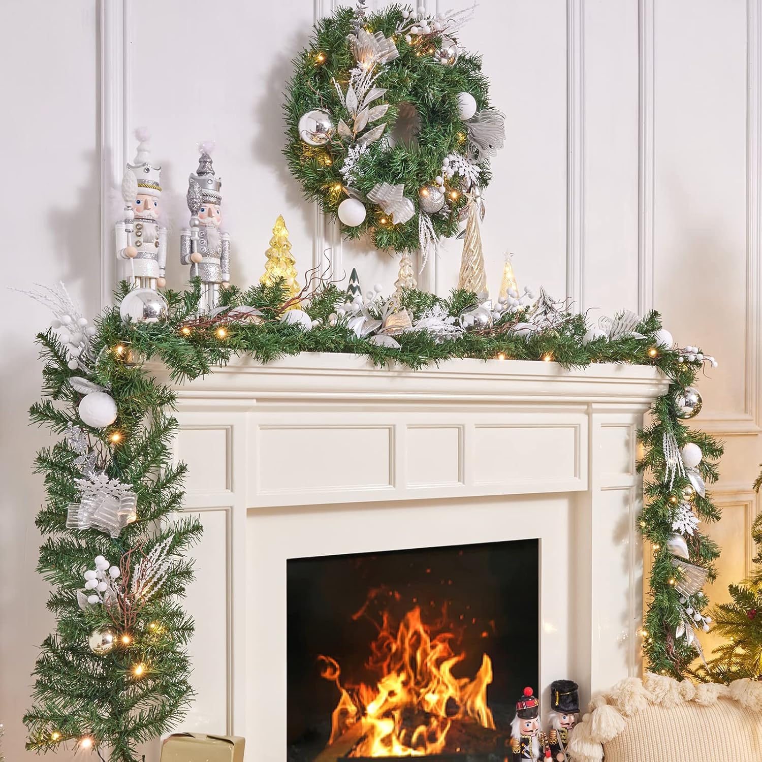 Chеареѕt 🛒 WBHome Pre-lit 9 Feet/106 Inch Christmas Garland Silver White Themed with 50 LED Lights Holiday Decorations, 200 Branch Tips, Battery Operated (Batteries NOT Included)