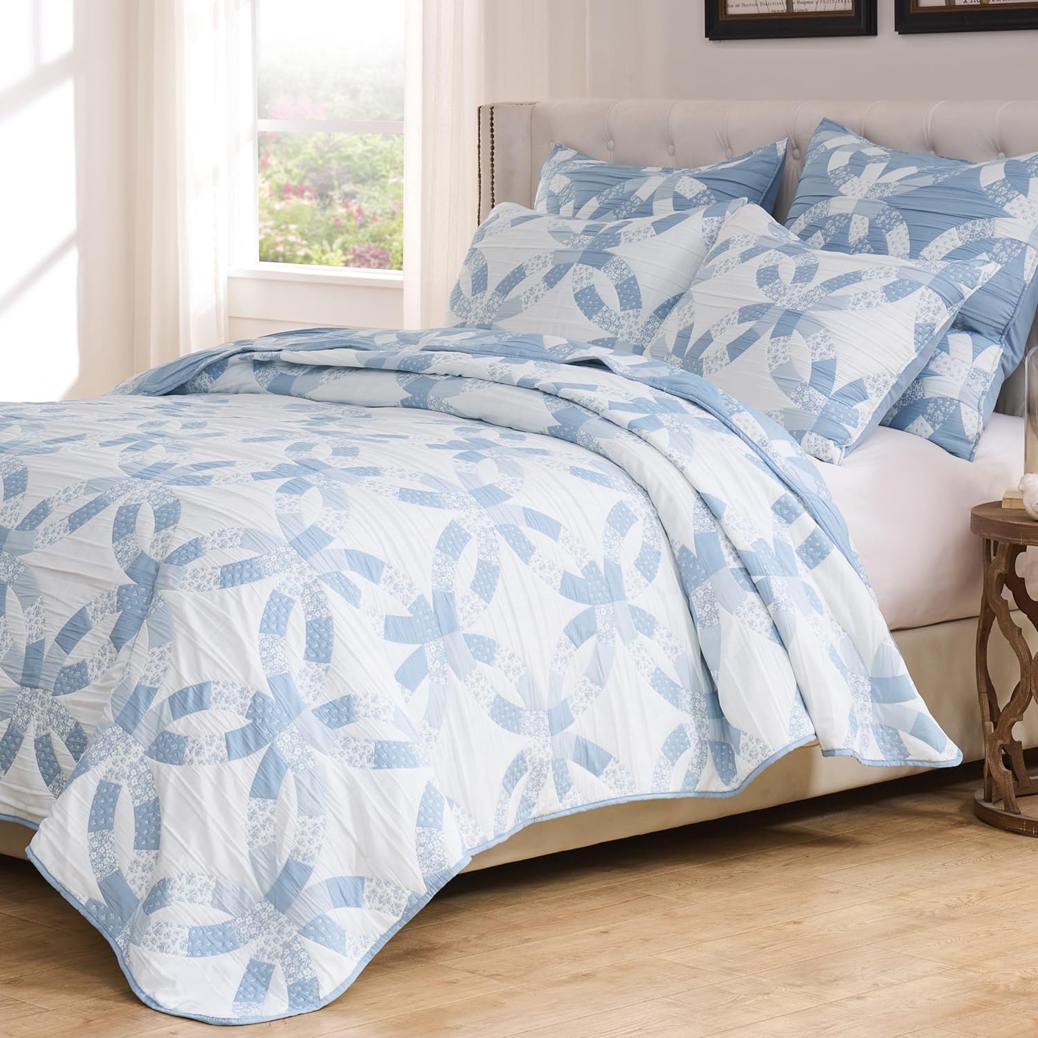Greenland Home Fashions Wedding Ring Collection Reversible Coverlet Set, 3-Piece Full/Queen, Blue