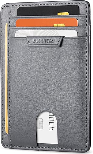 Buffway Cartera delgada para hombres y mujeres, minimalista, pequeña, de piel, con bolsillo frontal, con bloqueo RFID y caja de regalo, color gris