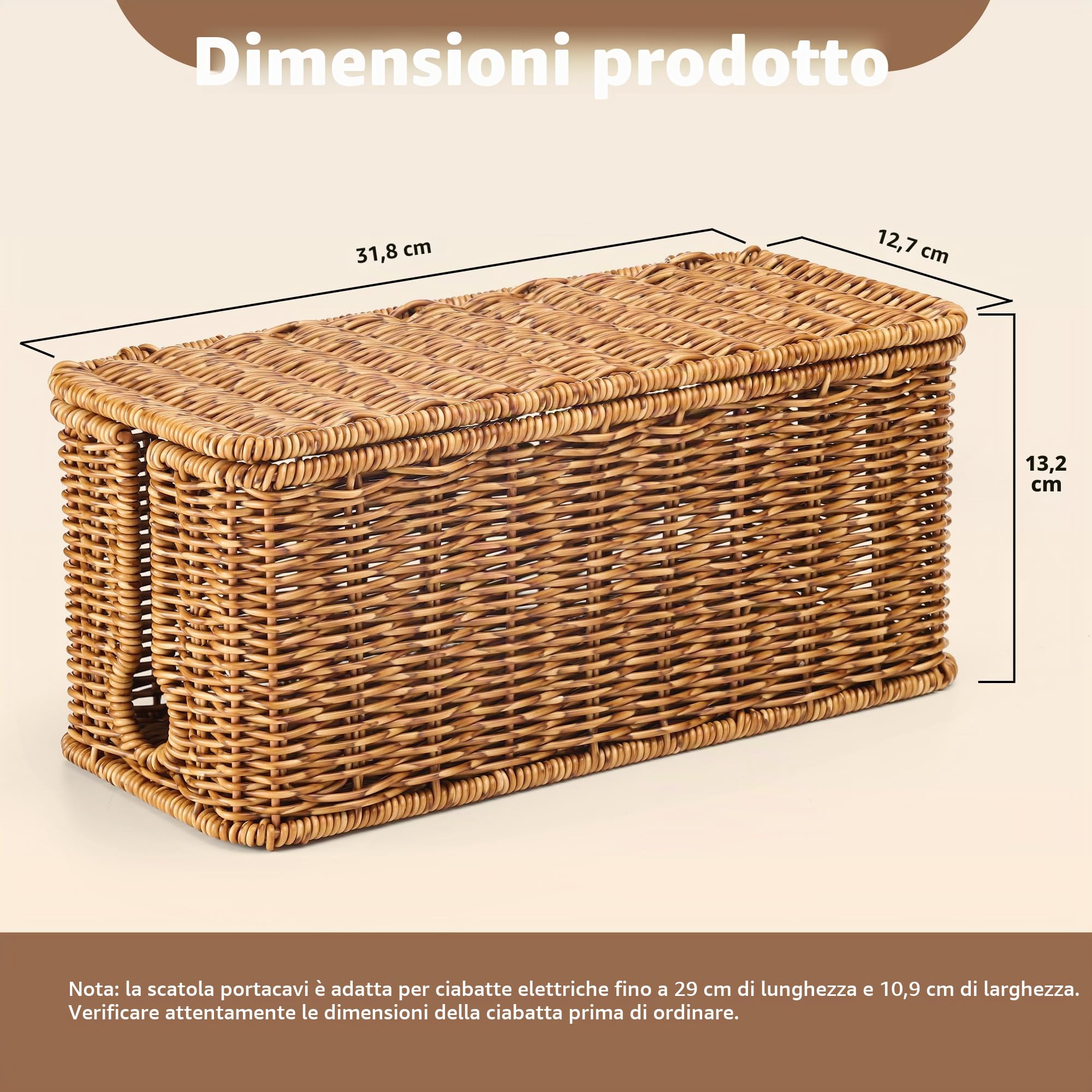 Scatola per la gestione dei cavi fatta a mano, in finto rattan, per nascondere cavi e ciabatte, lunghezza 12,5 x larghezza 5,2 x altezza 5,5 cm, CB2412, marrone scuro maculato
