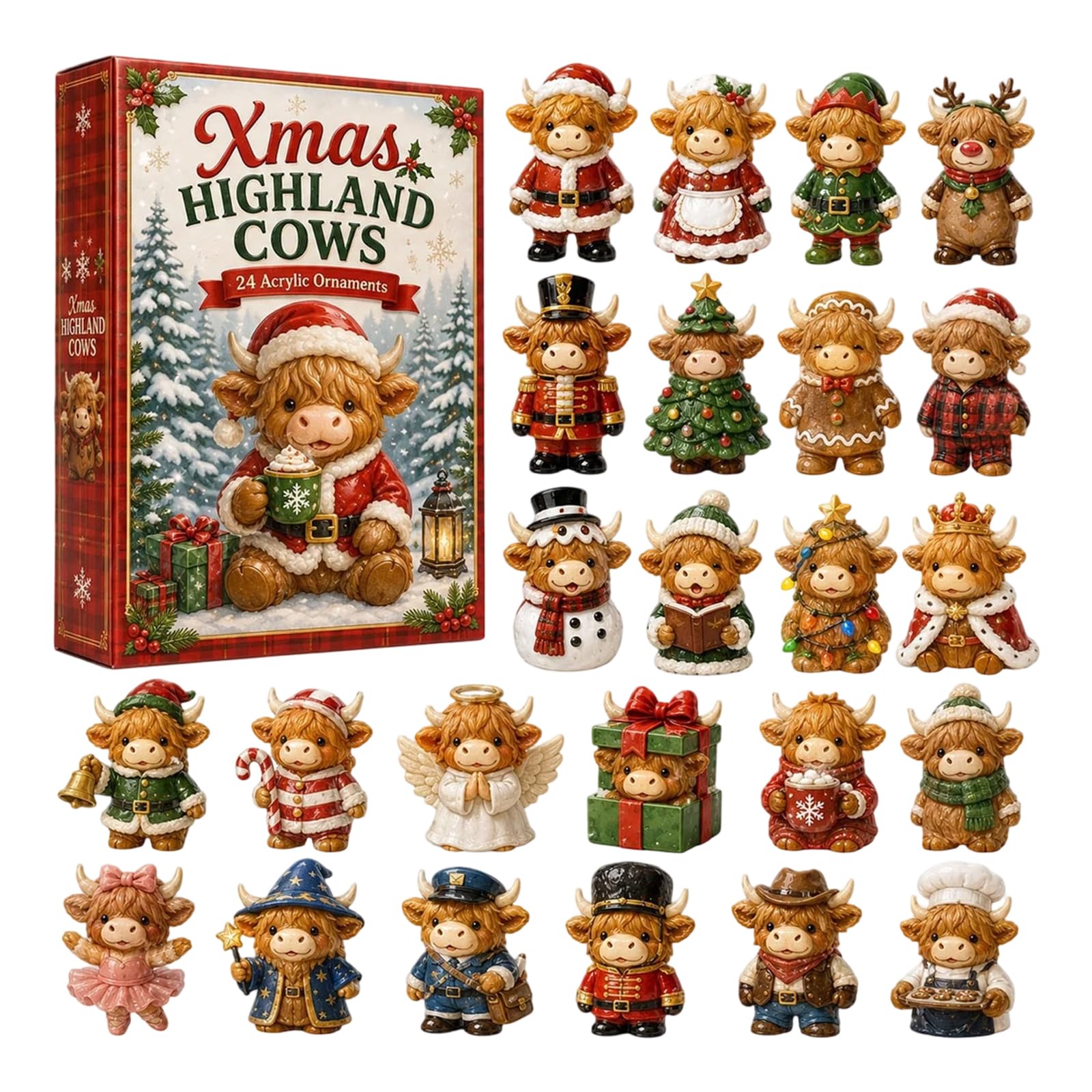Highland Cow Advent Calendar 2026, 24 3D Cute Mini Cattle Figurines (#G)