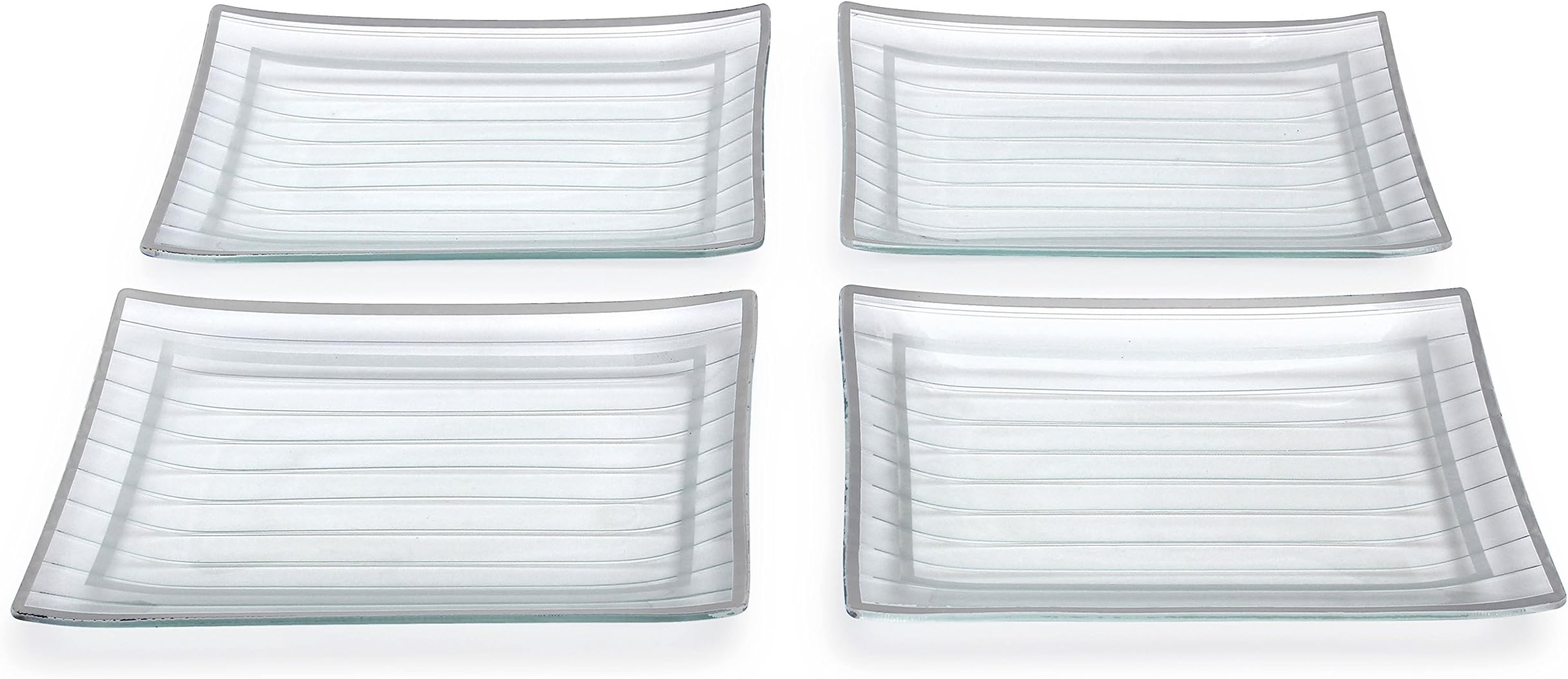 GAC Rectangular Tempered Glass Dinner Plate Set With Grey Trim, Service for 4, Break and Chip Resistant – Microwave and Oven Safe – Dishwasher Safe - Decorative Serving Plate