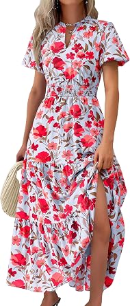 MASCOMODA Summer Maxi Dresses for Women 2026 Short Sleeve Long Floral Dress