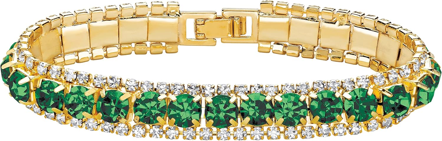 PalmBeach Goldtone Round Simulated Birthstone and Round Crystal, Tennis Bracelet (10mm), Fold Over Clasp, 7 inches Month 5