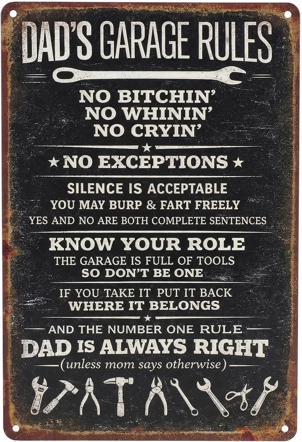Funny Dad Garage Sign, 12 x 8 Inch 0.8 mm Aluminum Plaque with Printed Rust-Edge, Better Shape Recovery, Weather-Resistant, Fathers Day Birthday Gift (Dad's Garage Rules)