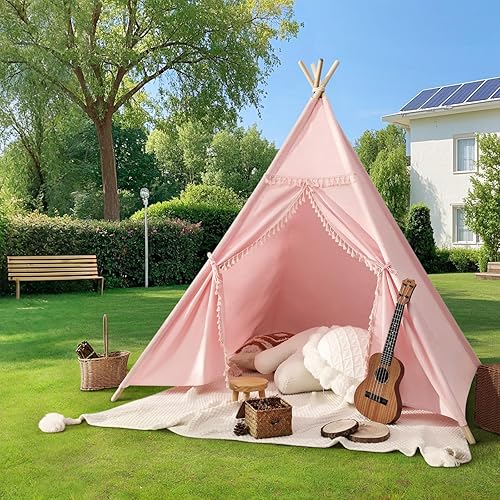 Vista 26 de Sumbababy Tienda de campaña tipi para niños, casa de juegos de lona natural con flecos, tela lavable, tienda de campaña Tipi, incluye bolsa