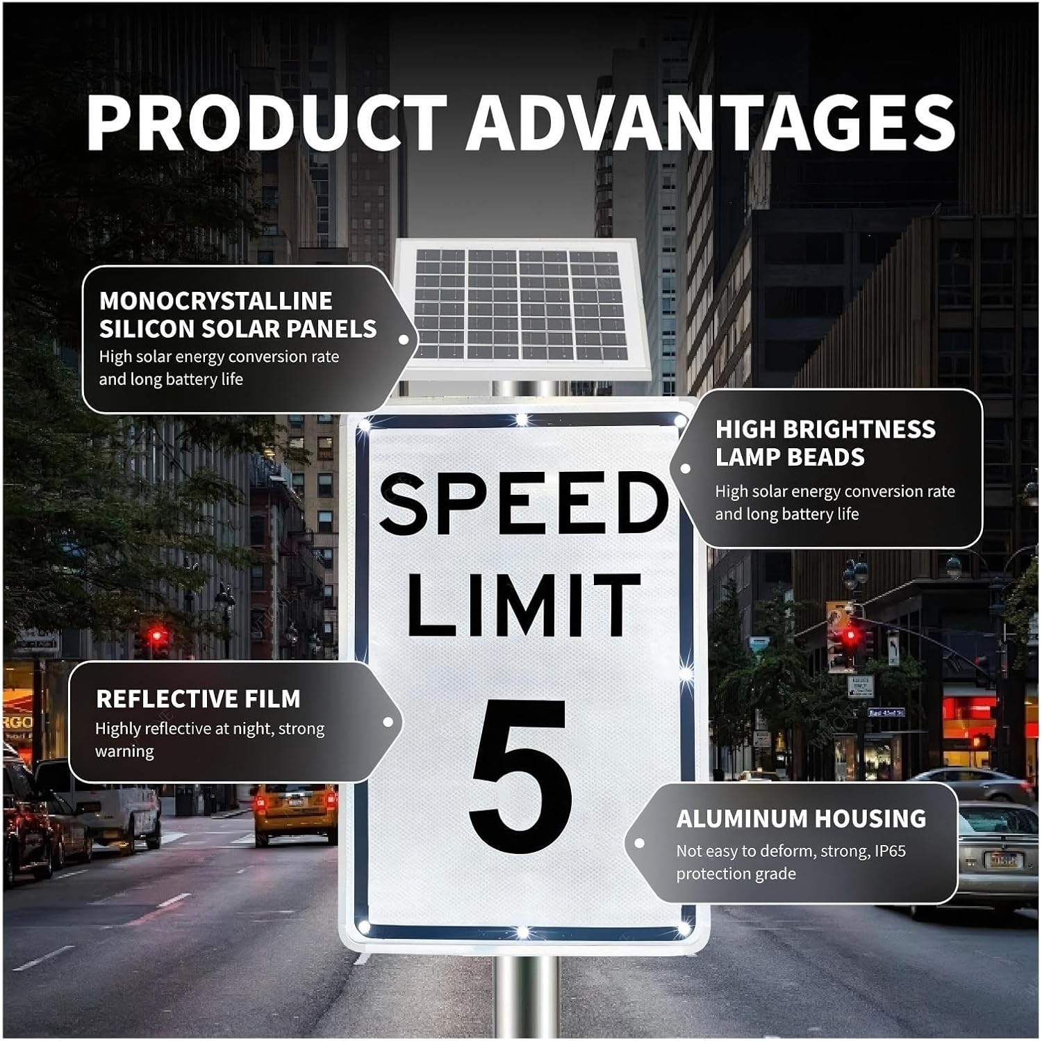 Solar Powered LED Traffic Sign 18x24, Flashing Speed Limit Sign for Road Safety & Parking Lots