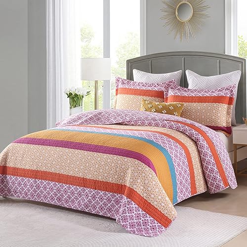 Vista 40 de PERHOM Juego de edredón tamaño Queen – Juego de ropa de cama 100% algodón, colcha ligera reversible de retazos florales para cama Queen, gris Gris