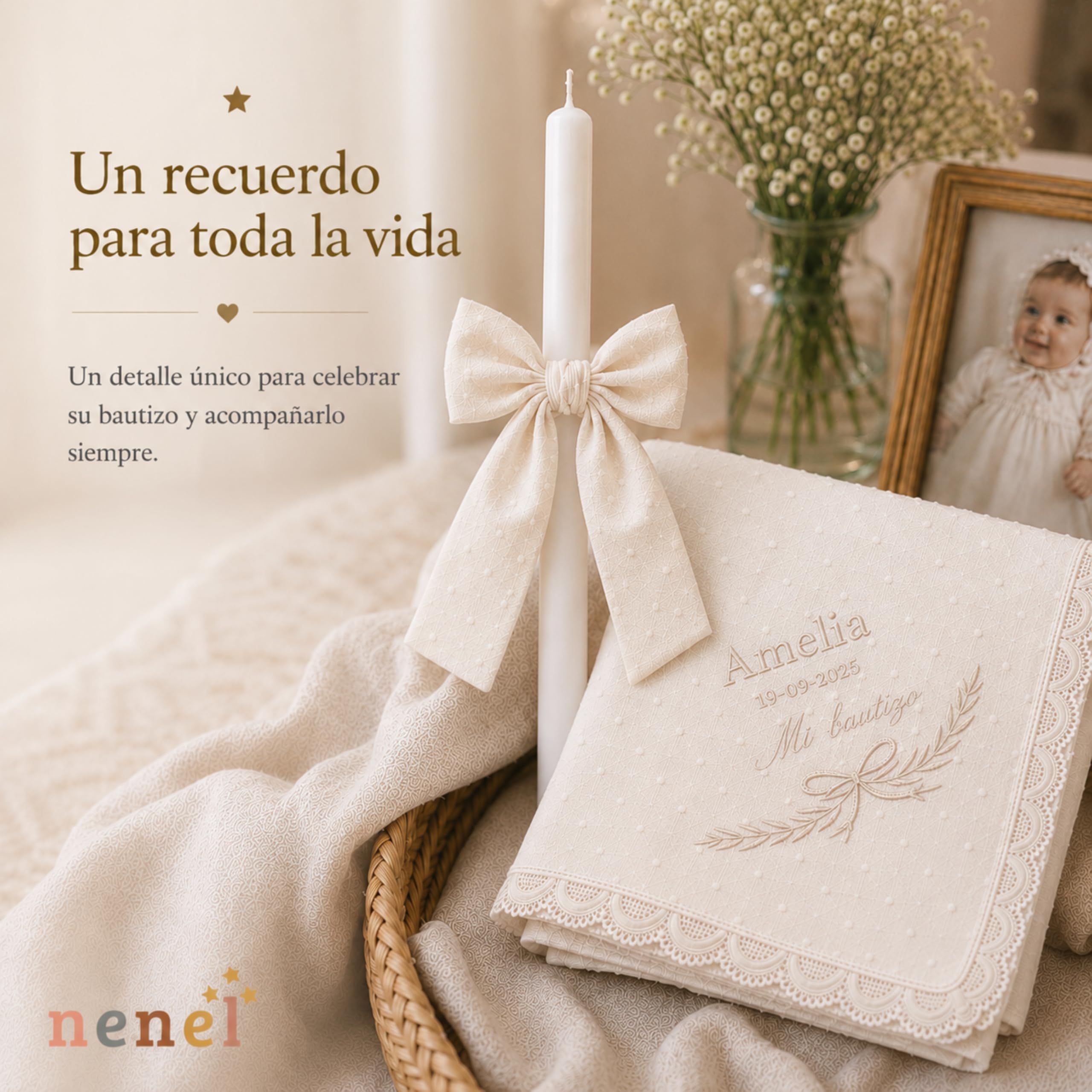 Nenel | Kit de Bautizo Personalizado con Vela y Paño Bordado Plumeti Beige – Regalo Recuerdo Original Bautismo – Cirio Bautismal con Lazo y Toalla con Nombre y Fecha