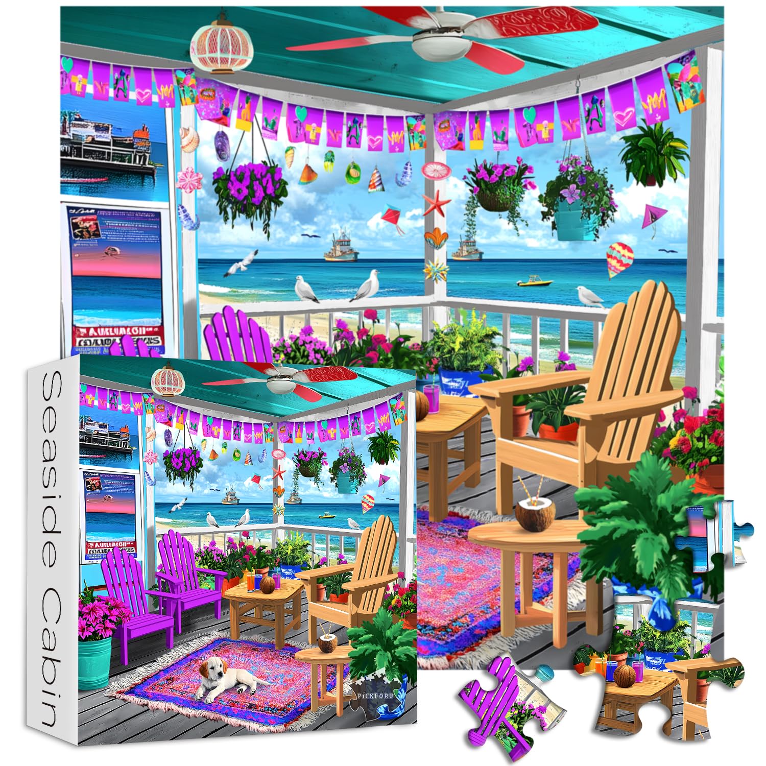 PICKFORU Beach Puzzles for Adults 1000 Pieces, Colorful Seaside Puzzle Beach Chair Flower, Impossible Holiday Puzzles as Wall Art - Image 2