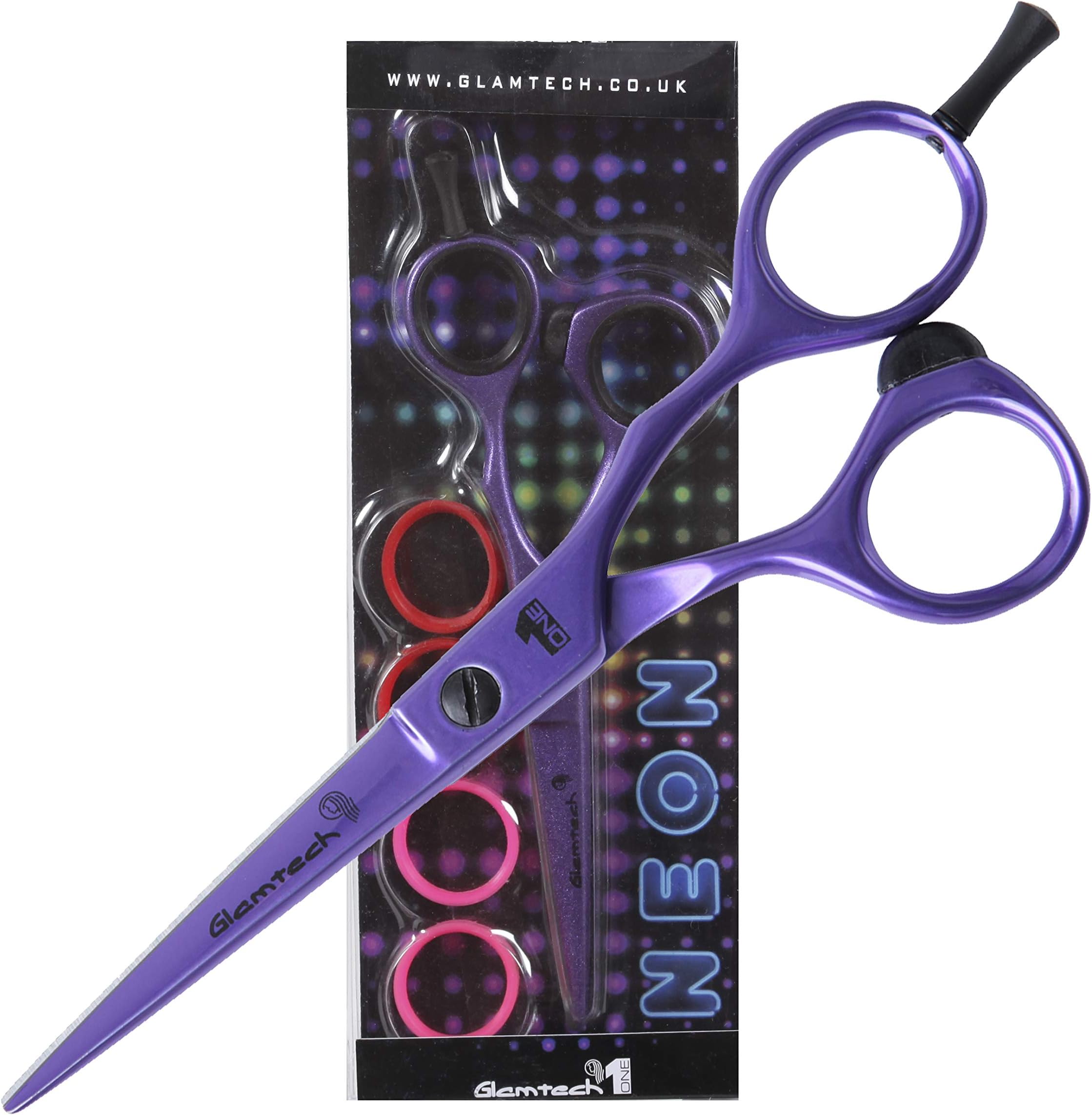 Glamtech One Neon Hairdressing Scissor - Ergonomic Sharp Edged Professional Scissors - Ideal for hairdressing, cutting and styling (5.5 inch, Purple)