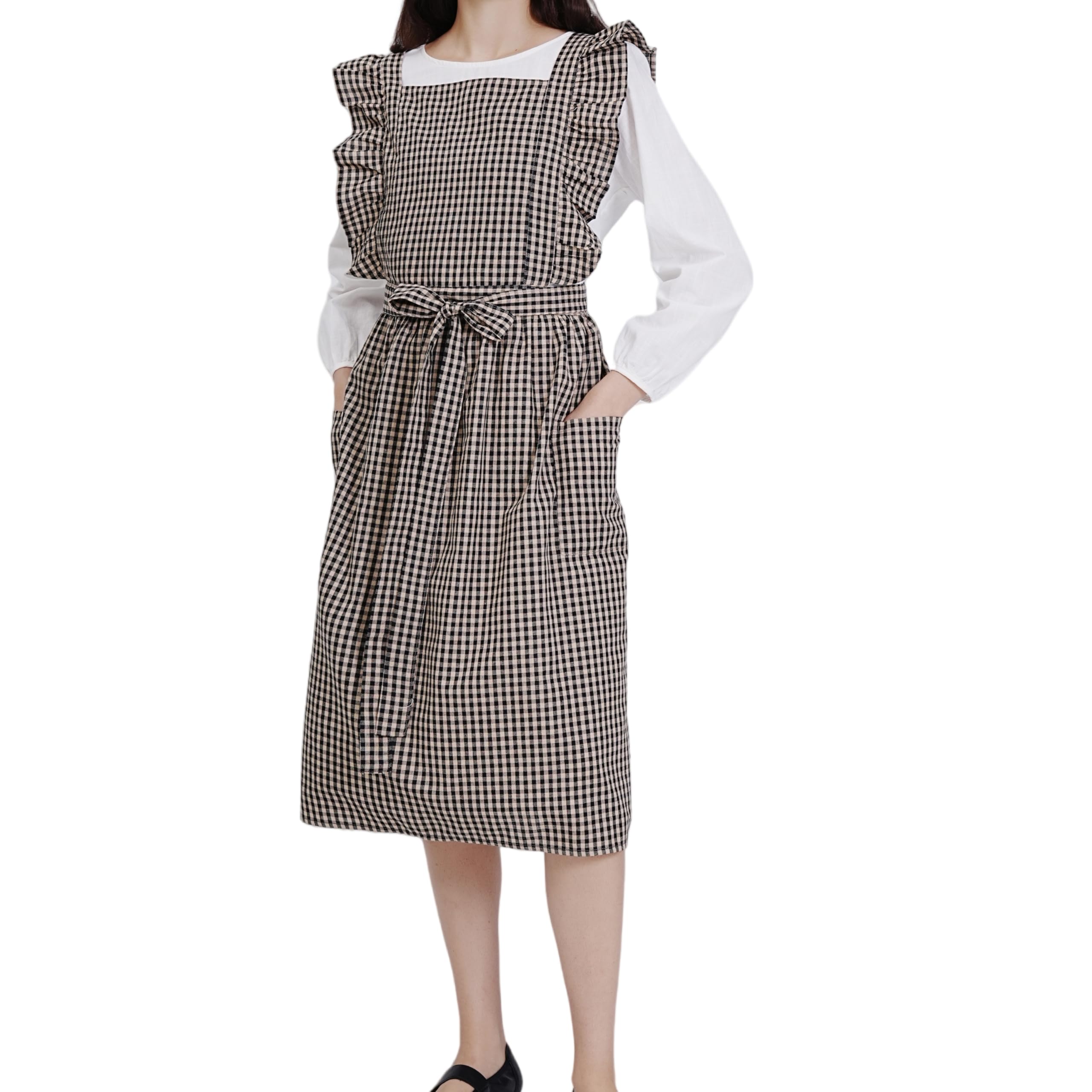 Ruffles Plaid Apron Cute Cotton Large Pleated Lace Up Stain Resistant Cover Up (Black yellow grid)