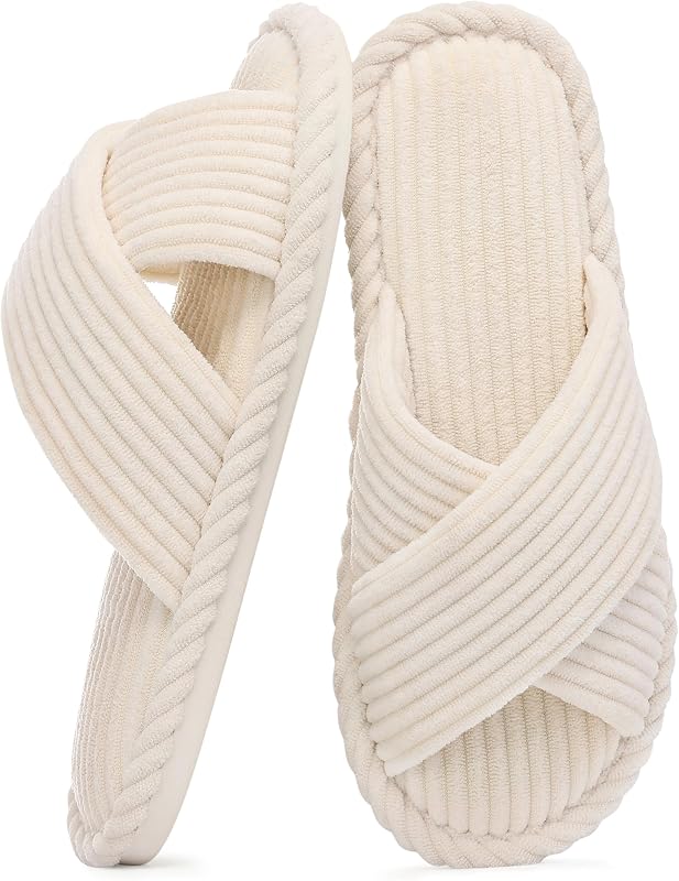Evshine Corduroy Memory Foam Slippers for Women Cozy Open Toe House Shoes | Cloud Like Cushioning Non Slip Rubber Sole Indoor Outdoor Comfort