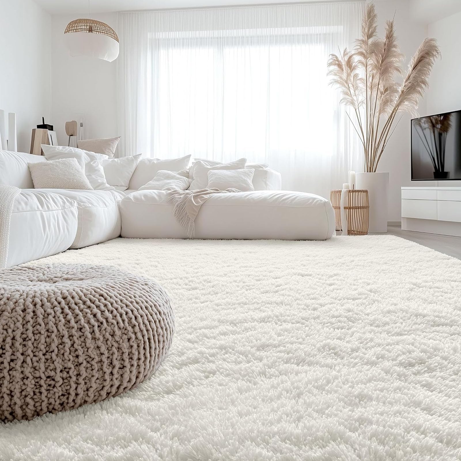 Flauschig Hochflor Teppich 140 x 250 cm Hochflor Langflor Weich Modern Unifarben Flauschig Shaggy Flauschiger Teppich für Schlafzimmer Küche Geeignet, Weiß