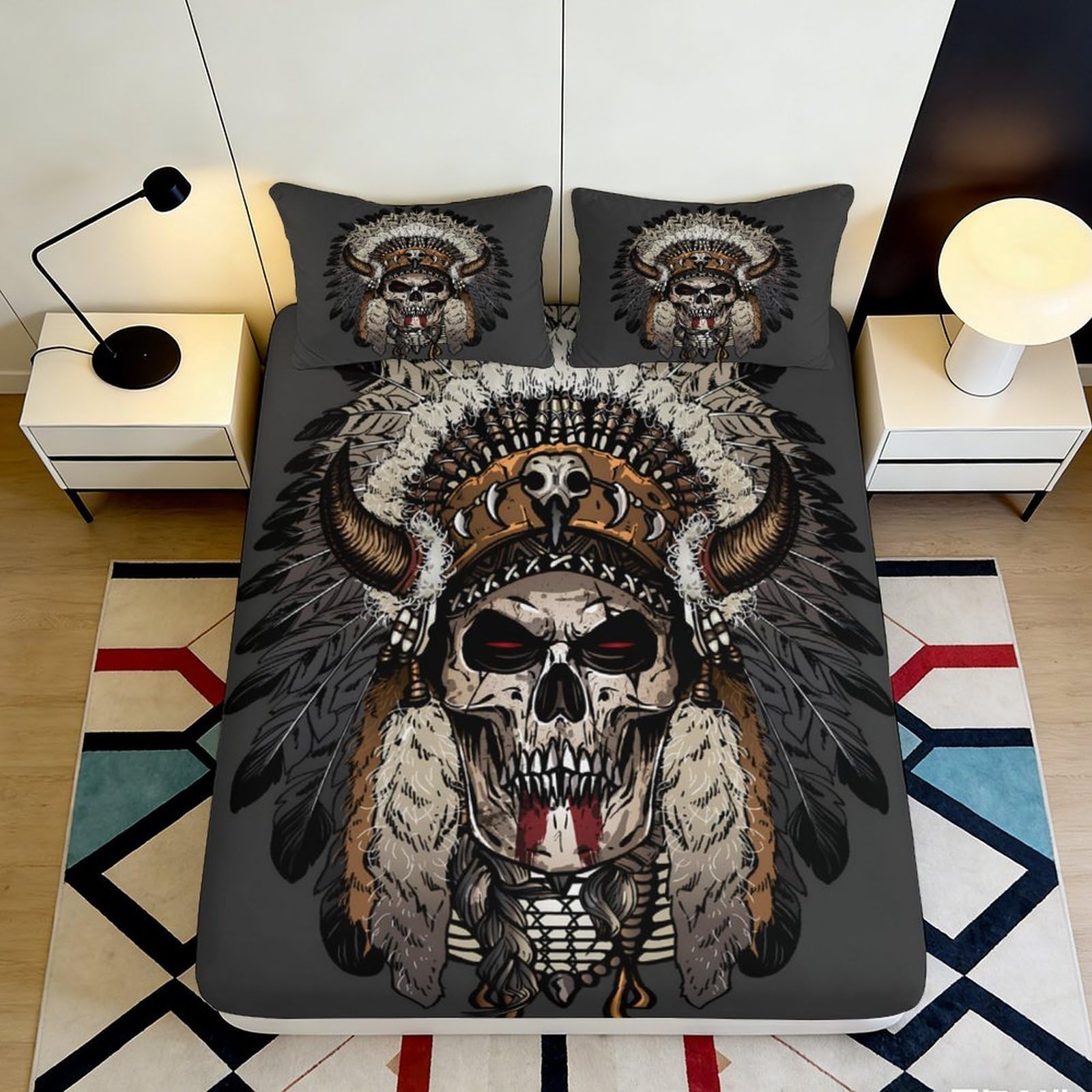 3D Printed Skull Warrior Fitted Sheet Microfiber Dark Decor Native Headdress Mattress Cover for Bedroom Dorm Protection 90x200x25cm