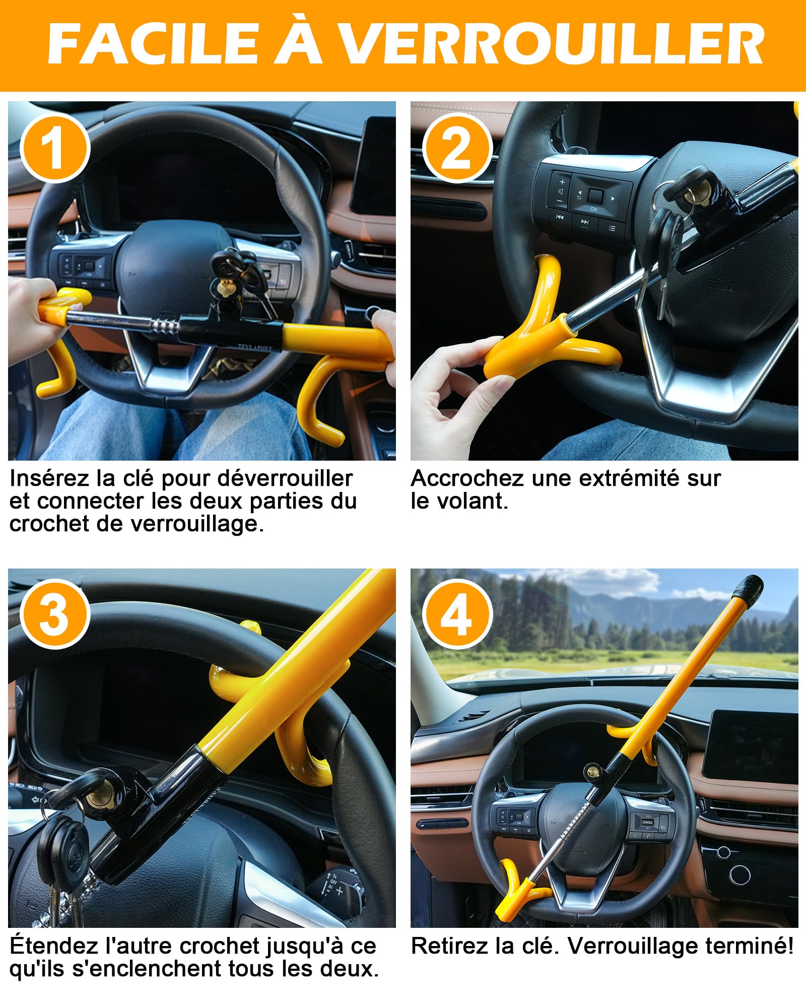 Tevlaphee Antivol Volant à 4 Crochets, Dispositif Antivol Robuste Haute Visibilité, Compatible Universel pour Voitures, Vans, SUV, Convient aux Volants jusqu'à 41,5 cm, 3 Clés Incluses(Jaune)