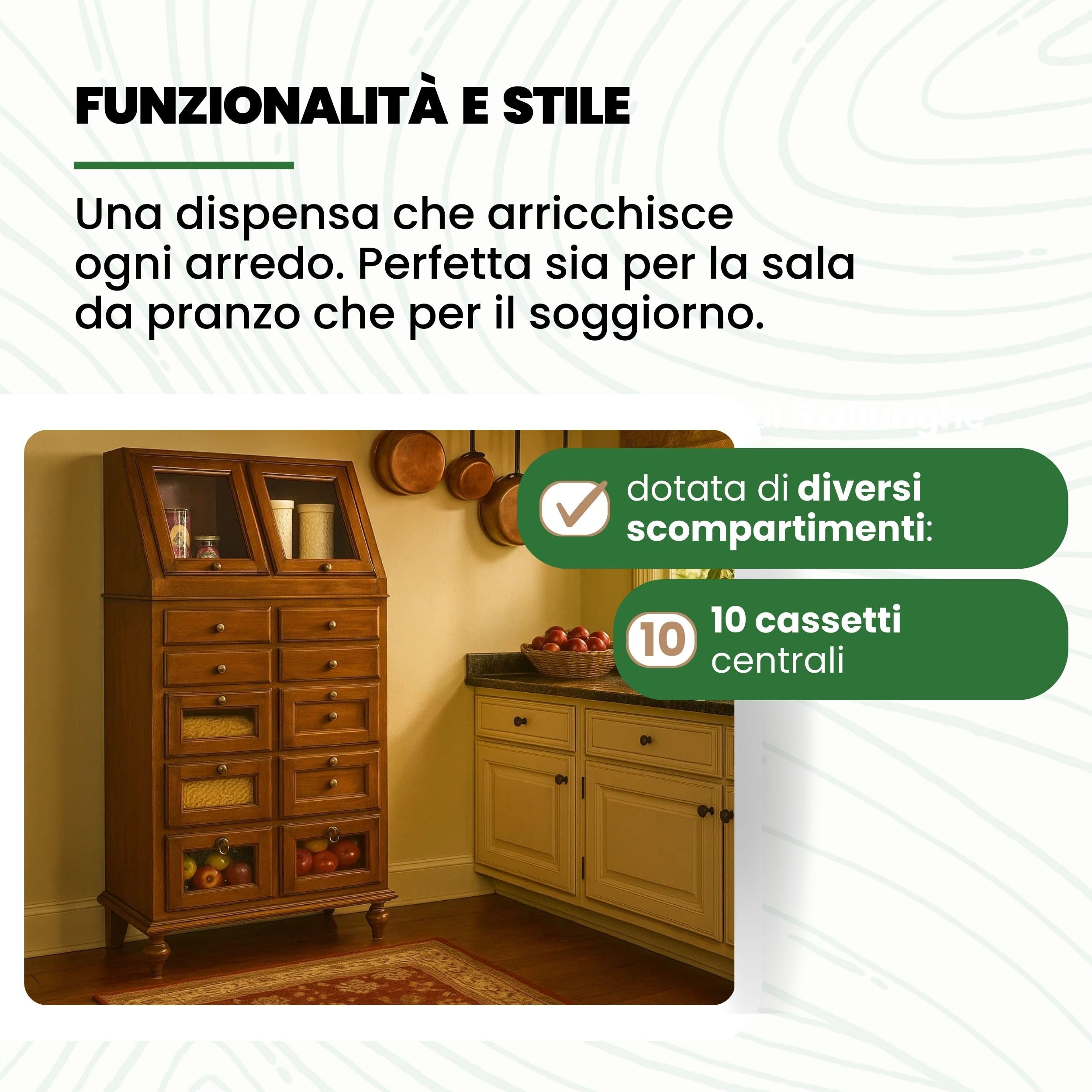 Mar.c.a. Design - Mobile Dispensa Arte Povera in Legno 80x42x153 cm - Dispensa Credenza per Cucina con 10 Cassetti e 2 Ante - Made in Italy