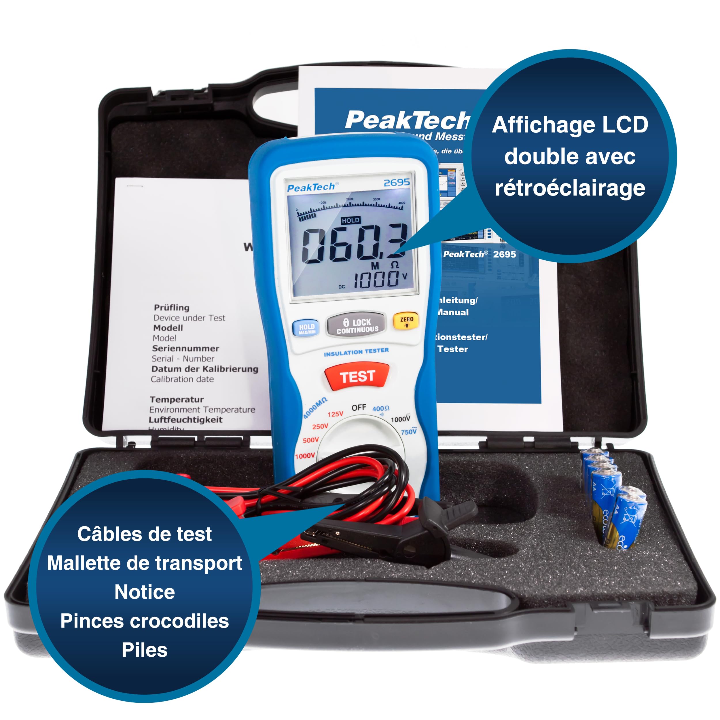 PeakTech 2695 - Testeur d'Isolation Électrique, Voltmètre, Testeur de Continuité, Circuits et Fusibles, Fonctions Min/Max et Data-Hold, TÜV/GS - 125V, 250V, 500V, 1000V