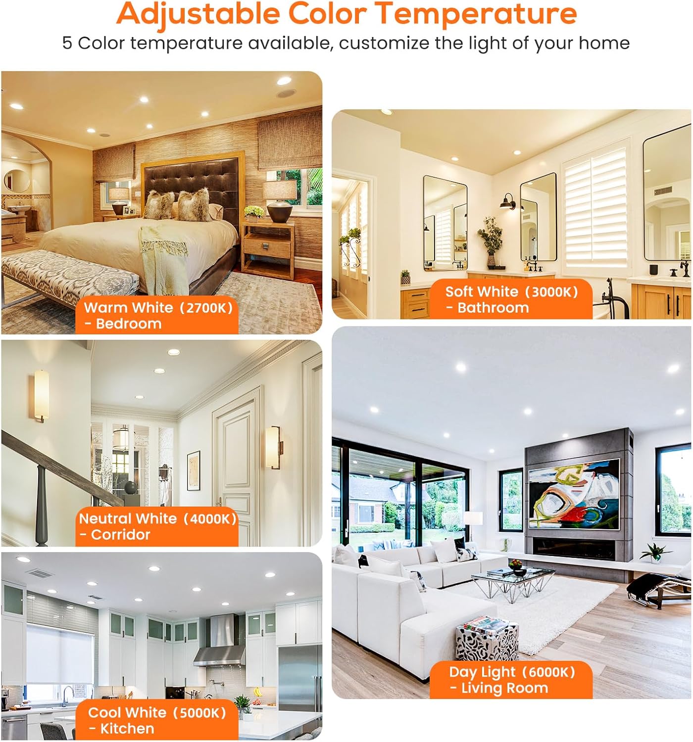 ALUSSO 6 inch LED Can Lights 12W 1100LM, 5CCT 2700K/3000K/4000K/5000K/6000K Selectable, Recessed Lighting 6 inch Dimmable with Comfortable Illumination, Wet Location Use 6 Pack White (5 CCT, 12)