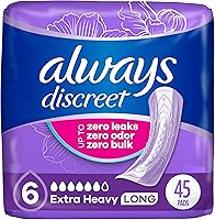 Always Discreet Extra Heavy Absorbency Incontinence Pads for Women, Long Length Postpartum Pads, 45 Count
