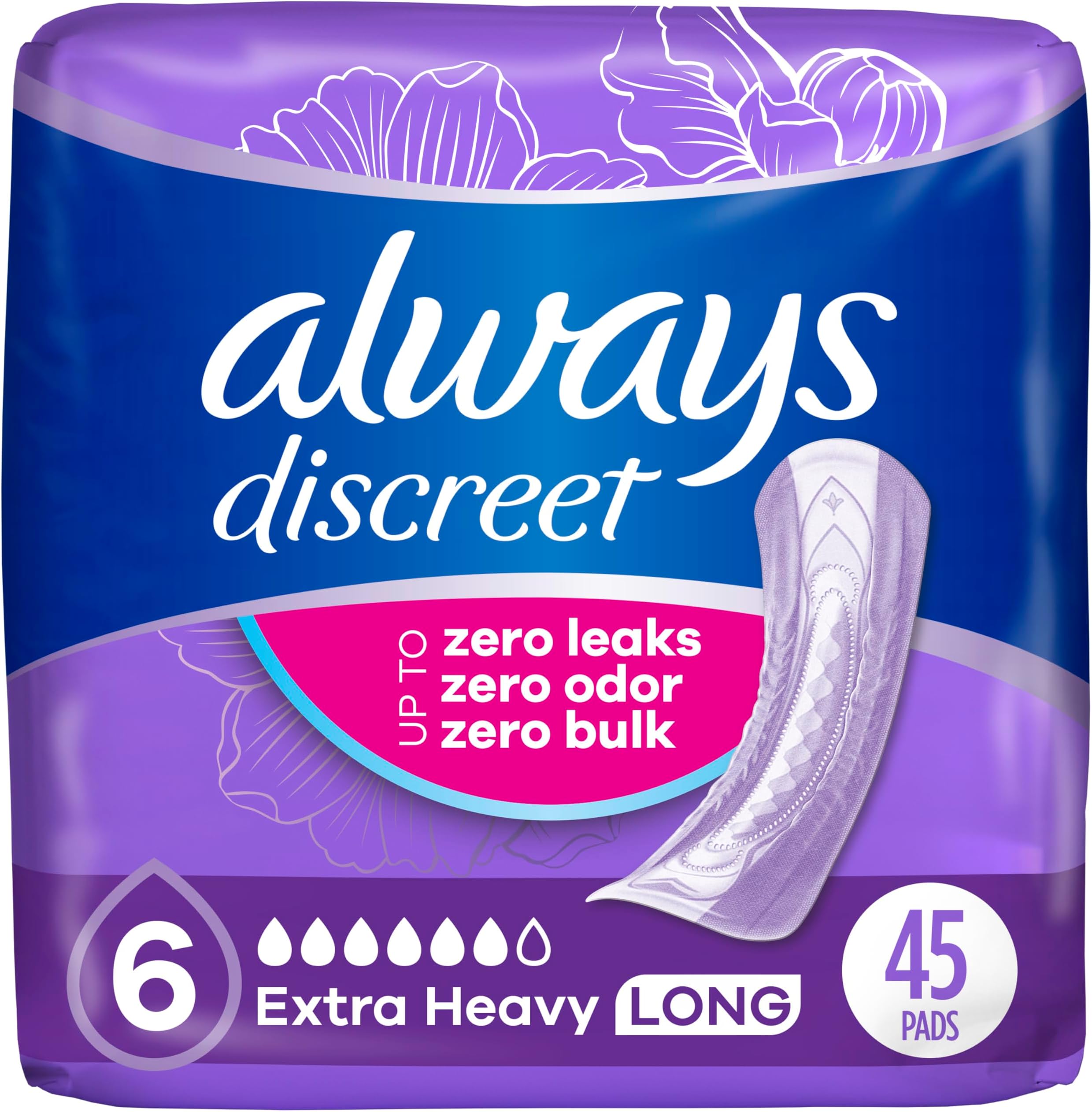 Always Discreet, Incontinence Pads, Ultimate Overnight, Long Length, 45 Count