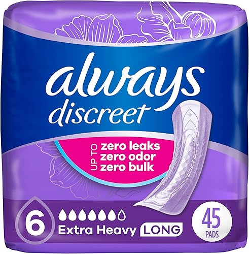 Always Discreet Almohadillas para incontinencia adulta para mujer, absorción extra pesada, longitud larga, almohadillas posparto, 45 unidades